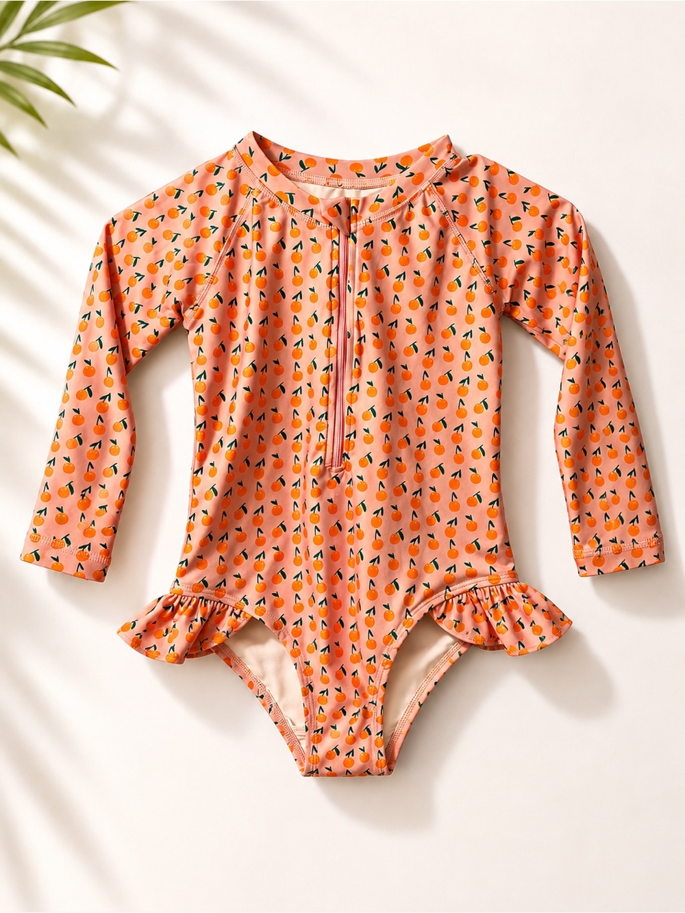 SIIX Collection Swimsuit Pink Orange Print Long Sleeve Ruffle Rashguard Girls 5Y